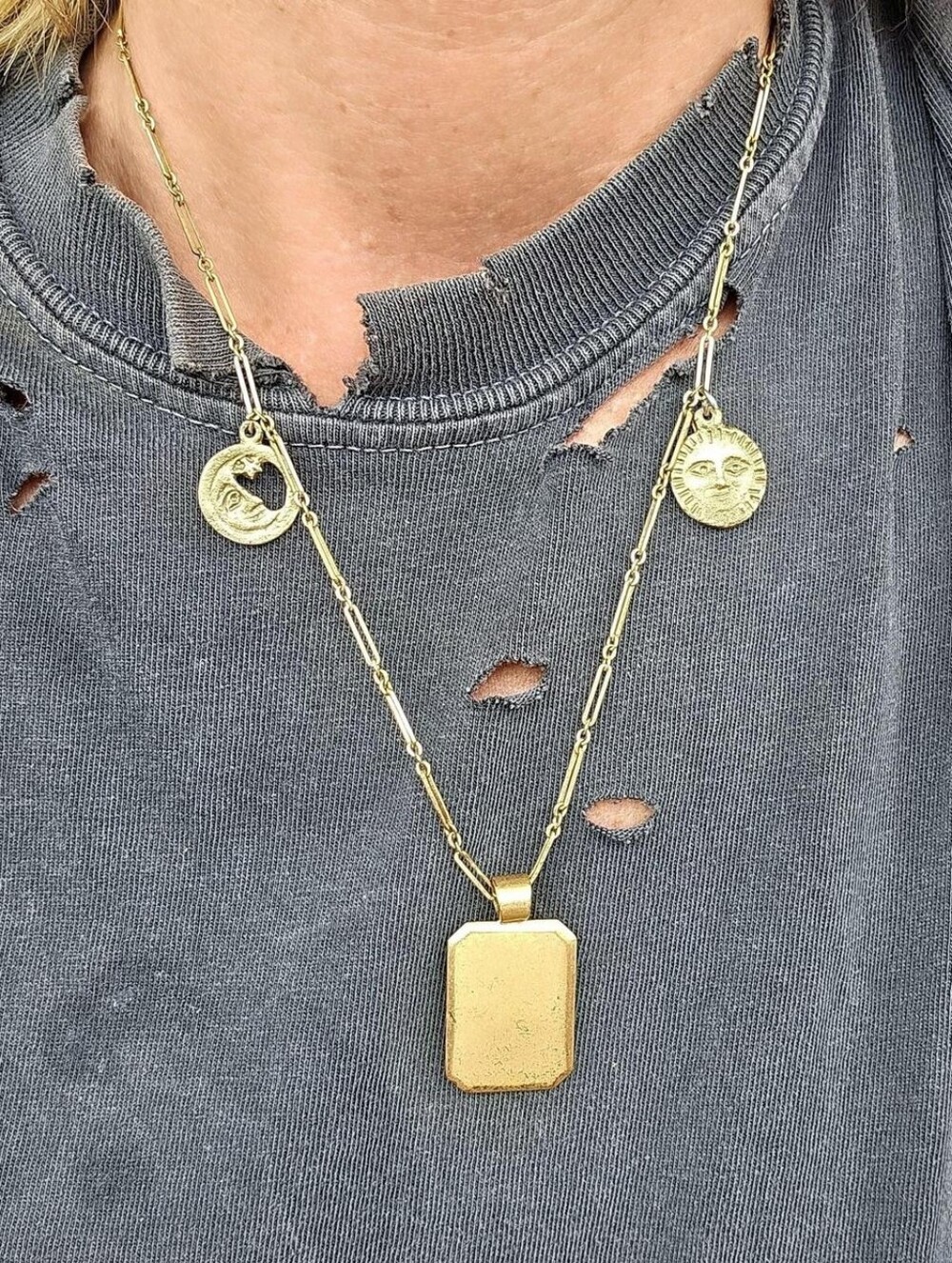 Vintage Brass Moon and Sun Pendant Chain Necklace